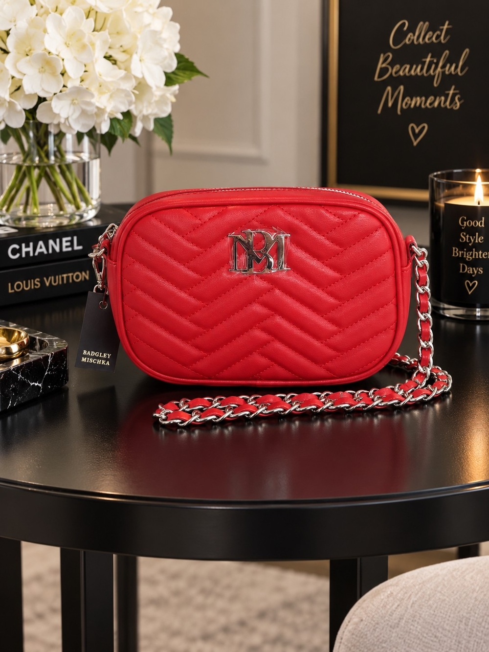 Badgley Mischka Red Quilted Chain Strap Camera Bag